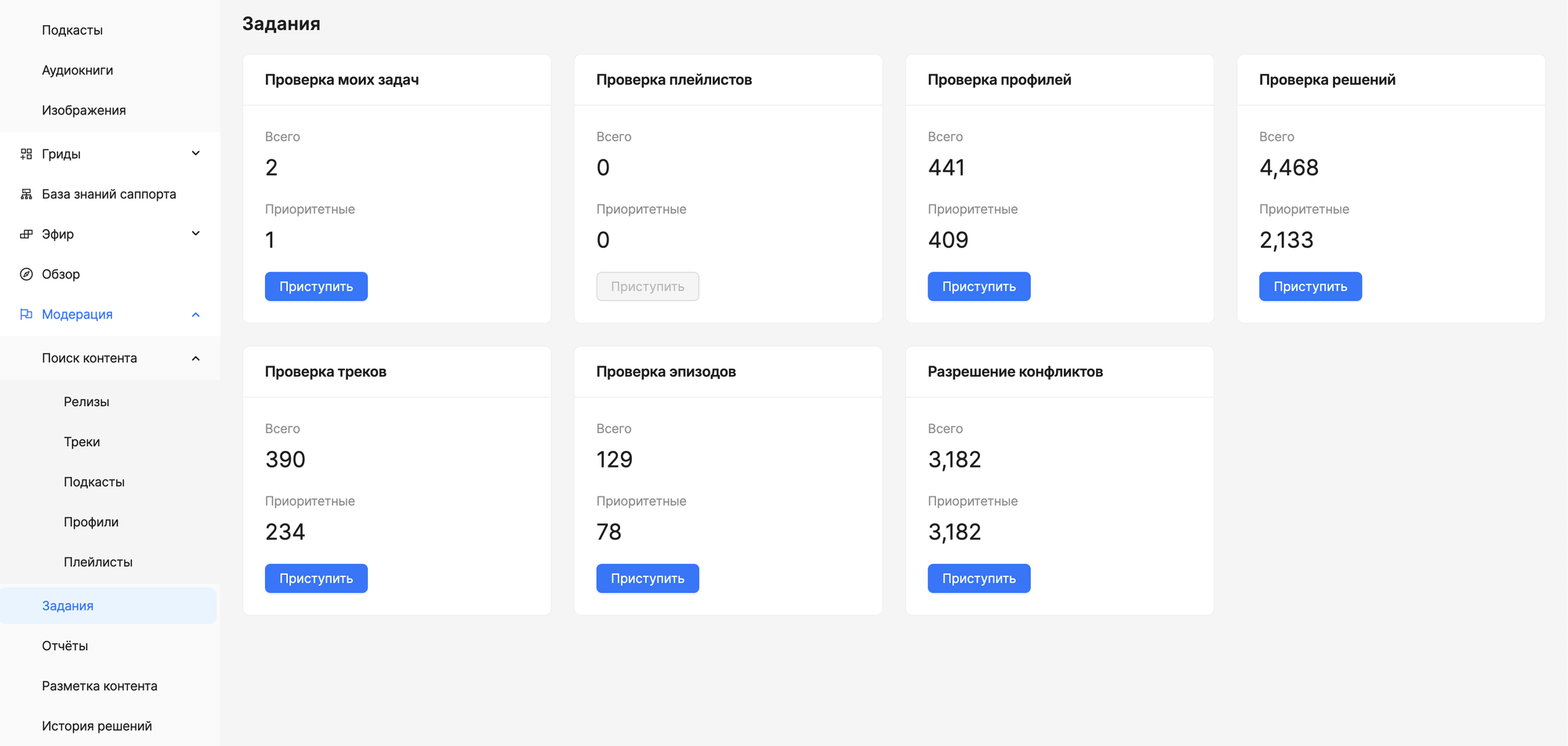 Дашборд «Задания»: карточки очередей по типам контента.